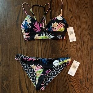 Hurley Tropical Floral Reversible Bikini - Black, Pink, Blue, Green, Cream - NWT